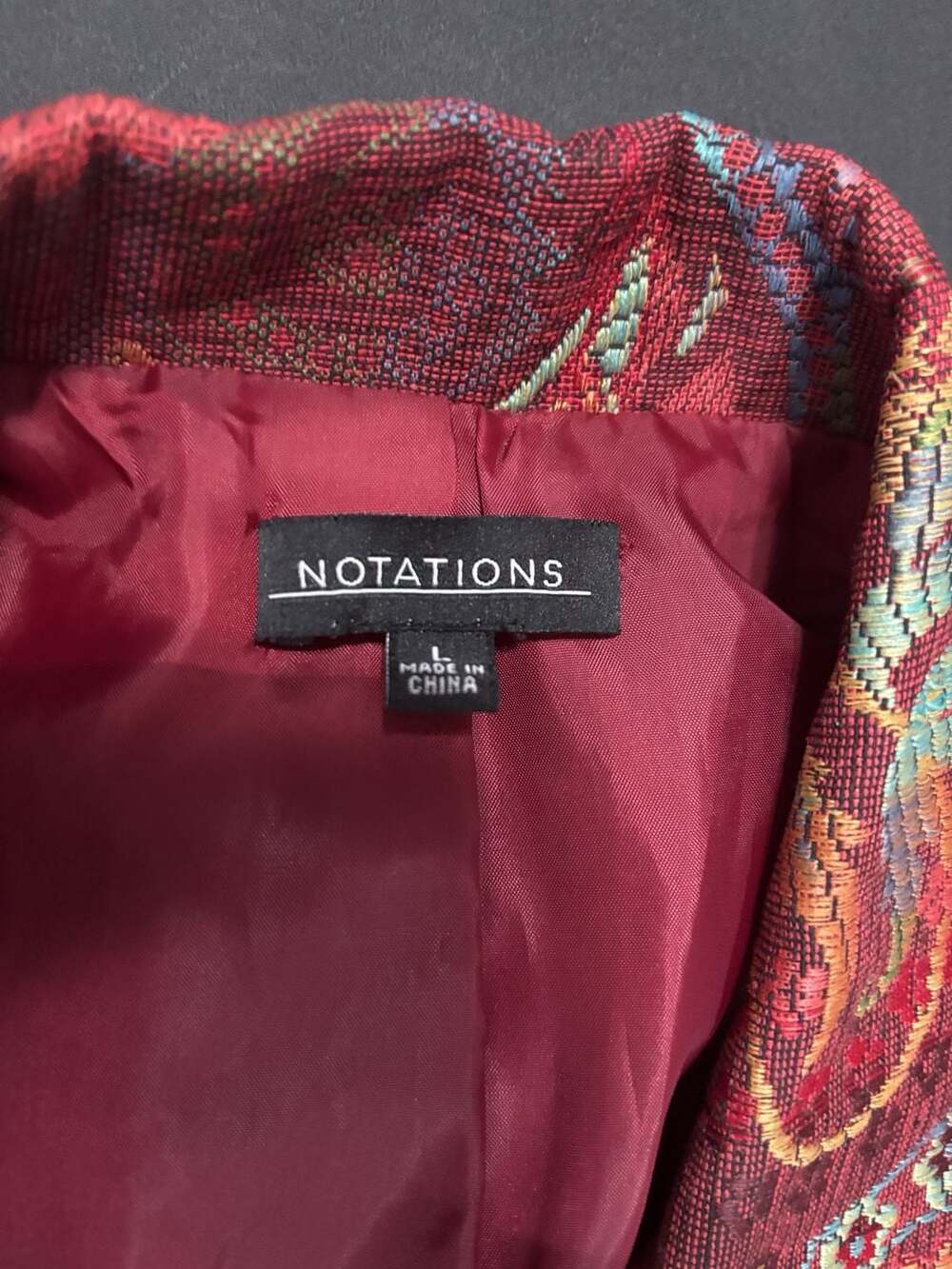 Notations Tapestry Blazer Size L Red Paisley Floral Jacket